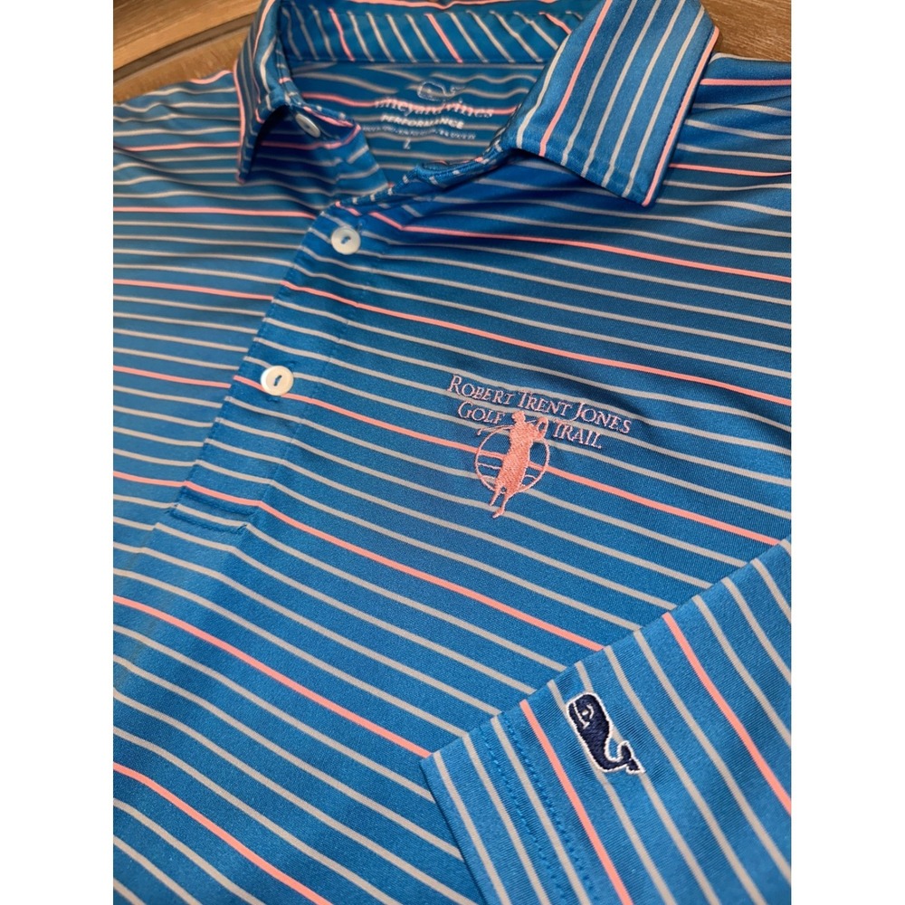 Vineyard Vines Performance Polo Shirt Mens Large Blue Striped RTJ Golf Trail